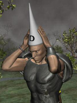 Armored man dons a pointy dunce cap.